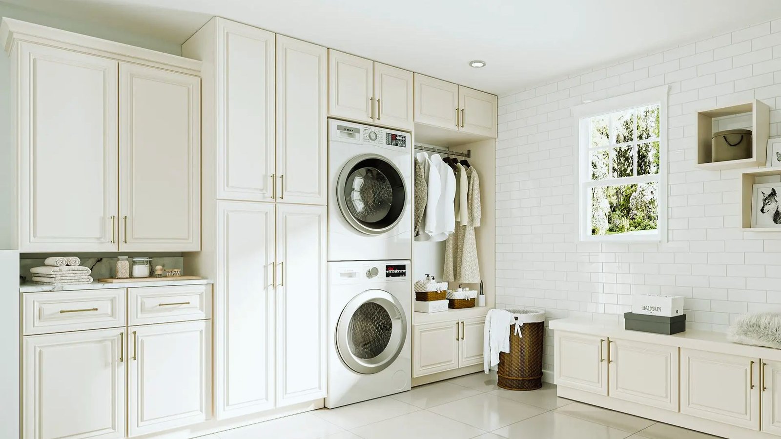 A laundry room featuring a washer and dryer, with shelves and cleaning supplies visible in the background.