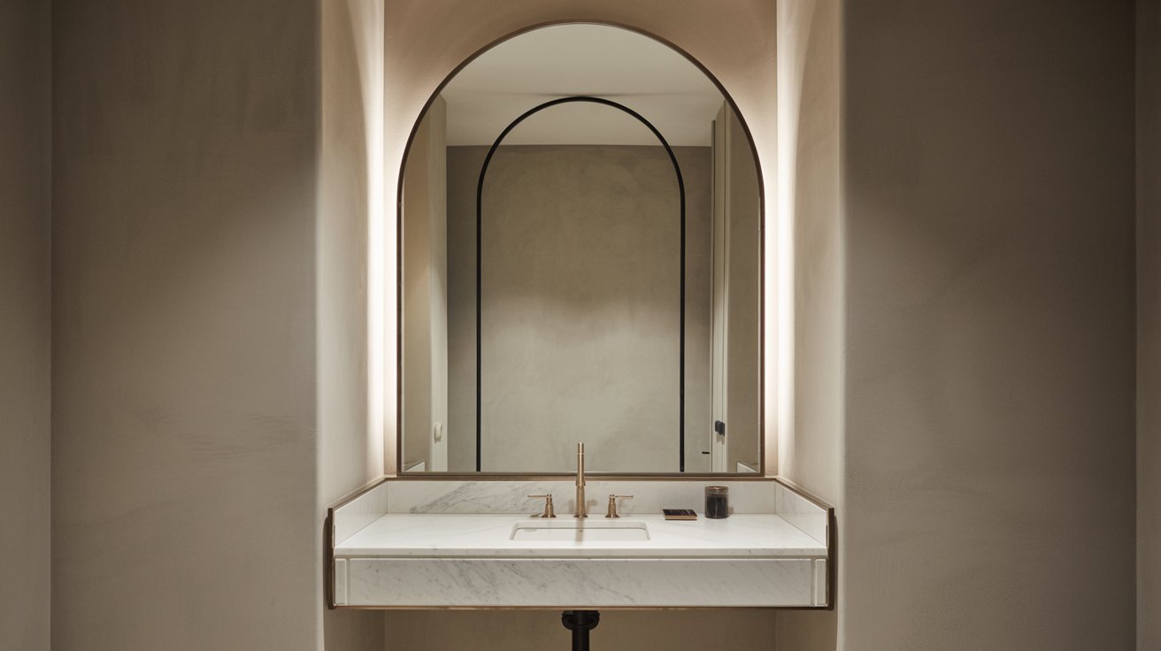 A bathroom featuring a sleek marble sink and a large mirror reflecting the elegant design.