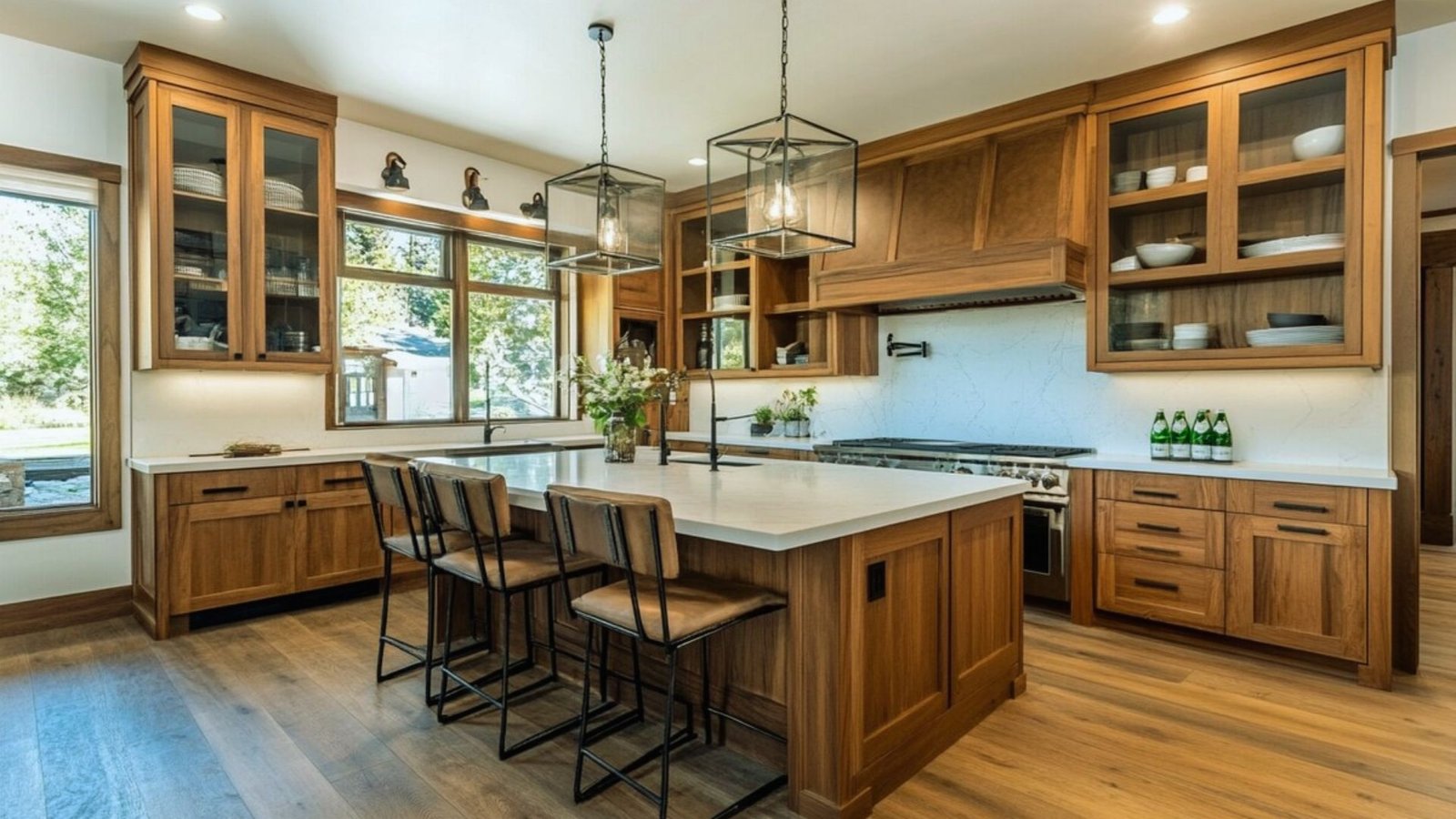 A modern kitchen featuring wooden cabinets and a spacious center island for cooking and dining.
