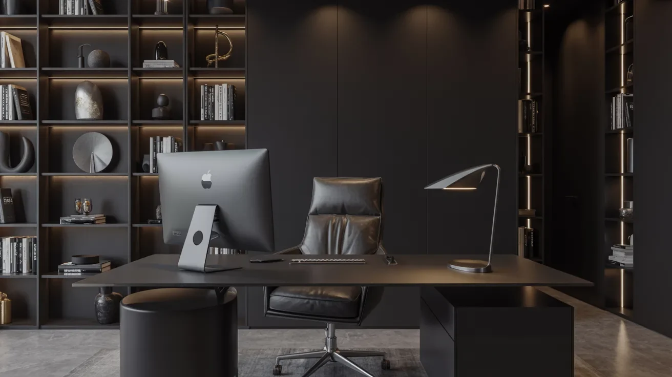 A modern office featuring sleek black walls and stylish shelves, creating a contemporary and professional atmosphere.