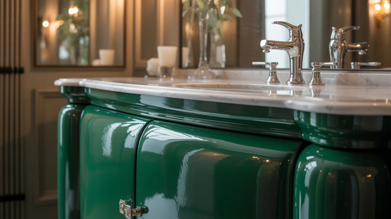 A green vanity featuring a marble top and an elegant mirror above it, showcasing a stylish bathroom decor.