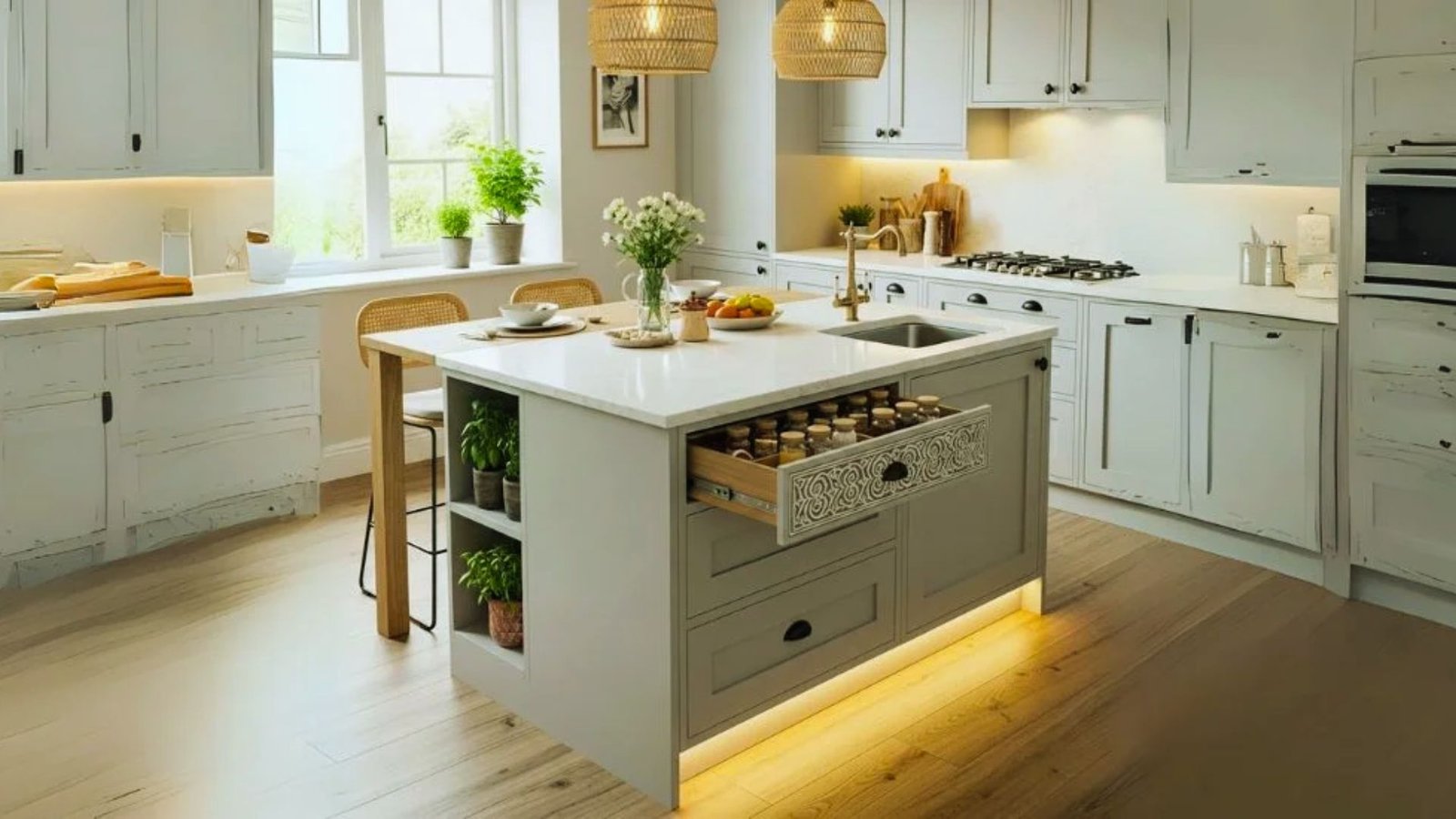 A modern kitchen featuring a central island and an elegant light fixture hanging above it.