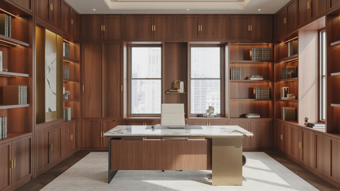 A home office featuring wooden cabinets and a desk, creating a warm and organized workspace environment.