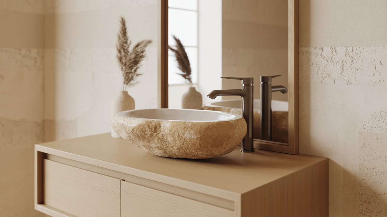 A clean bathroom sink featuring a mirror and a decorative plant placed beside it.
