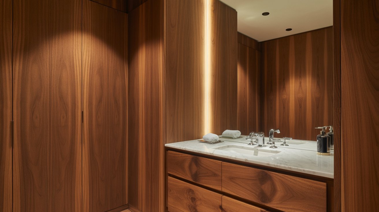  A bathroom featuring wooden walls and a large mirror reflecting the room's warm ambiance.