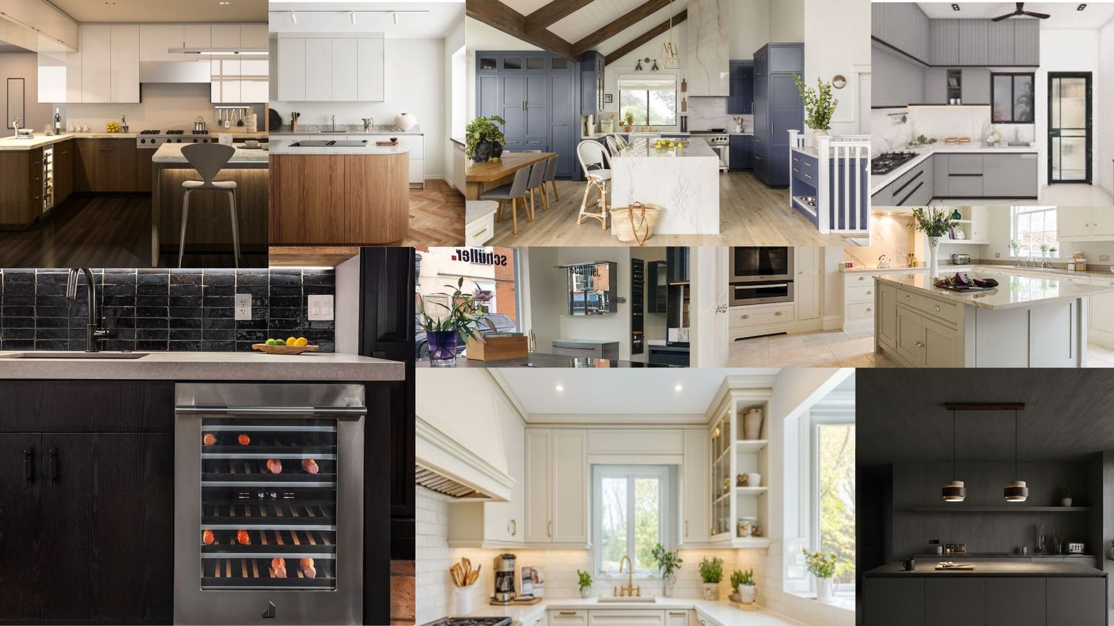 A collage showcasing various kitchen designs, featuring modern, traditional, and minimalist styles.