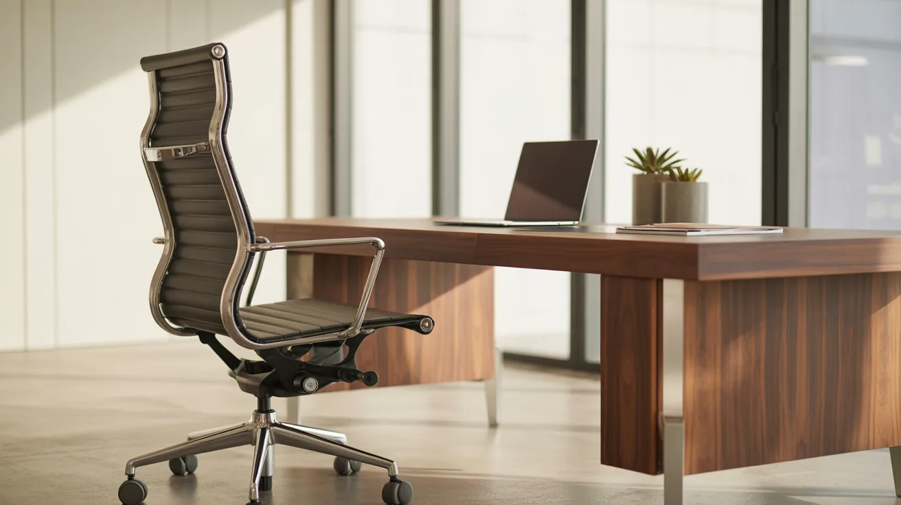 A modern office chair beside a desk with a laptop open on it, showcasing a contemporary workspace setup.