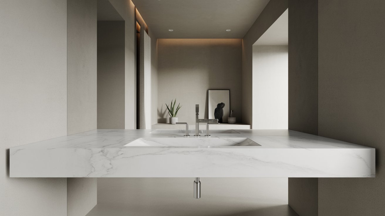  A stylish bathroom with a polished marble sink and a contemporary mirror above it.