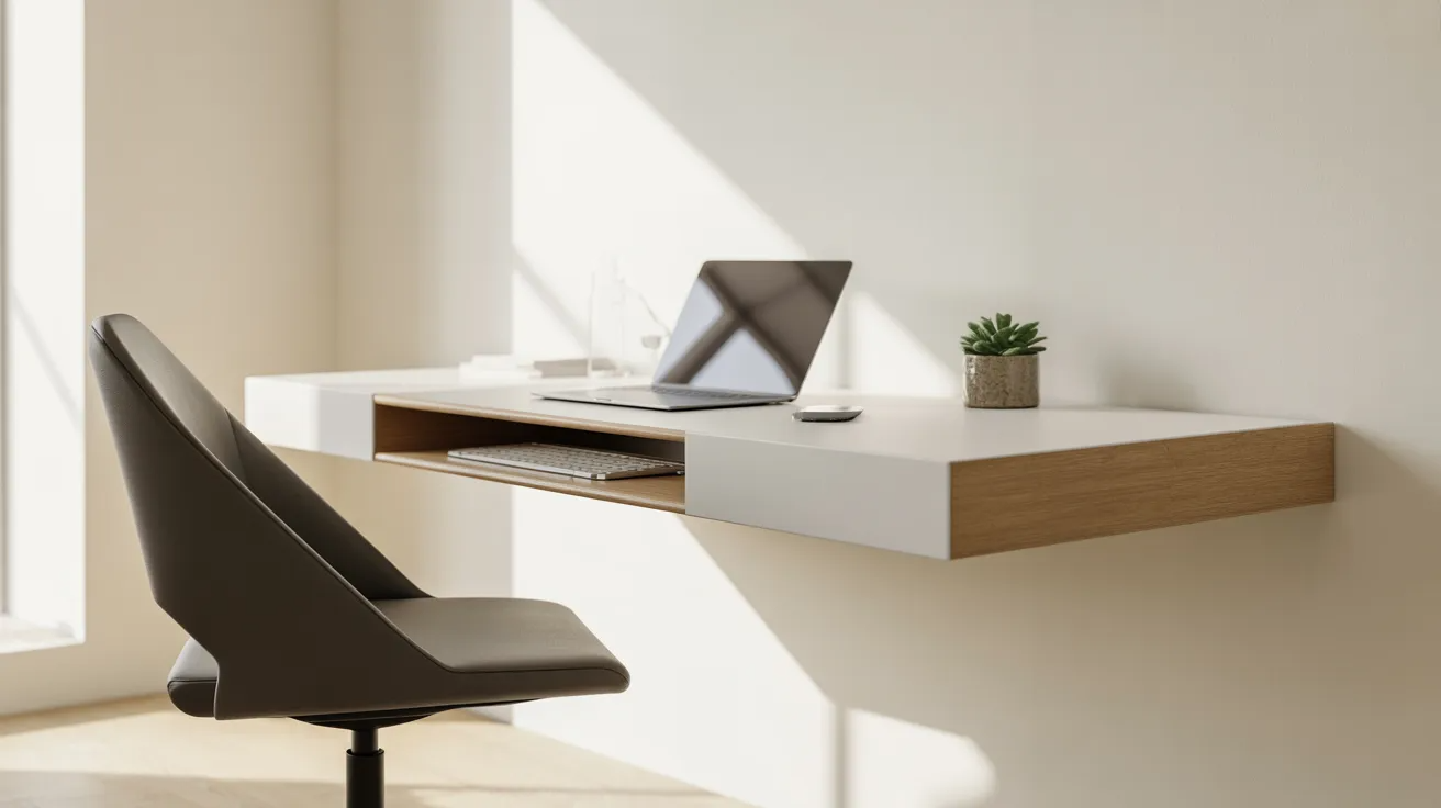 A sleek modern office desk featuring a laptop, showcasing a minimalist and professional workspace.
