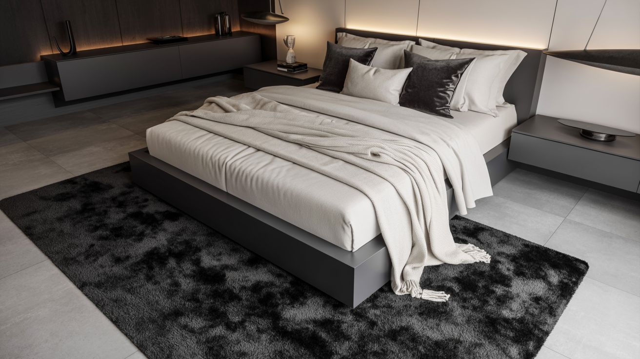 A modern bedroom featuring a neatly made bed and a stylish nightstand beside it.