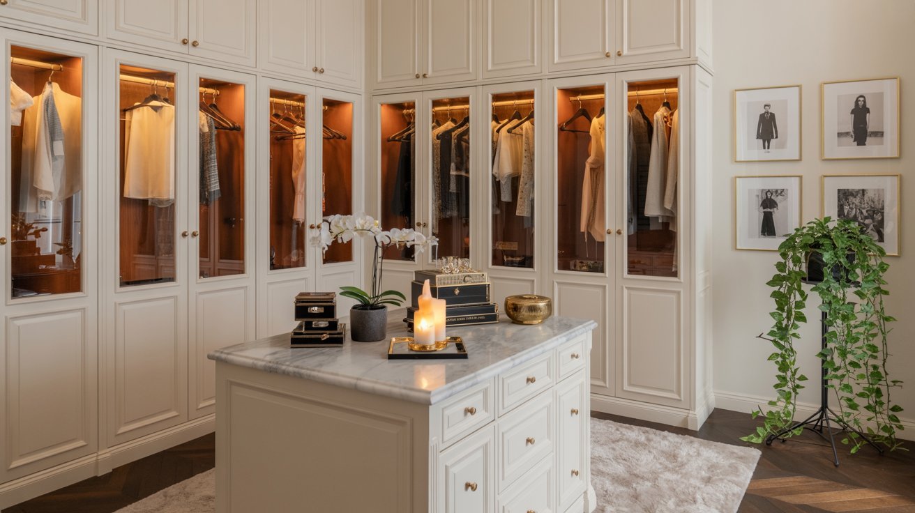 A spacious walk-in closet featuring a marble countertop and an array of neatly organized clothes.