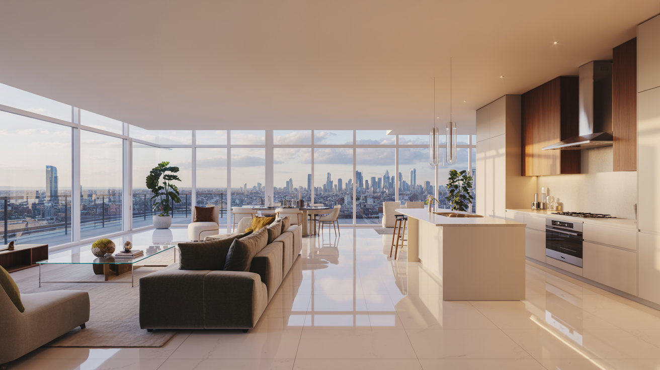 Contemporary living room adorned with modern decor, offering a stunning view of the cityscape outside.