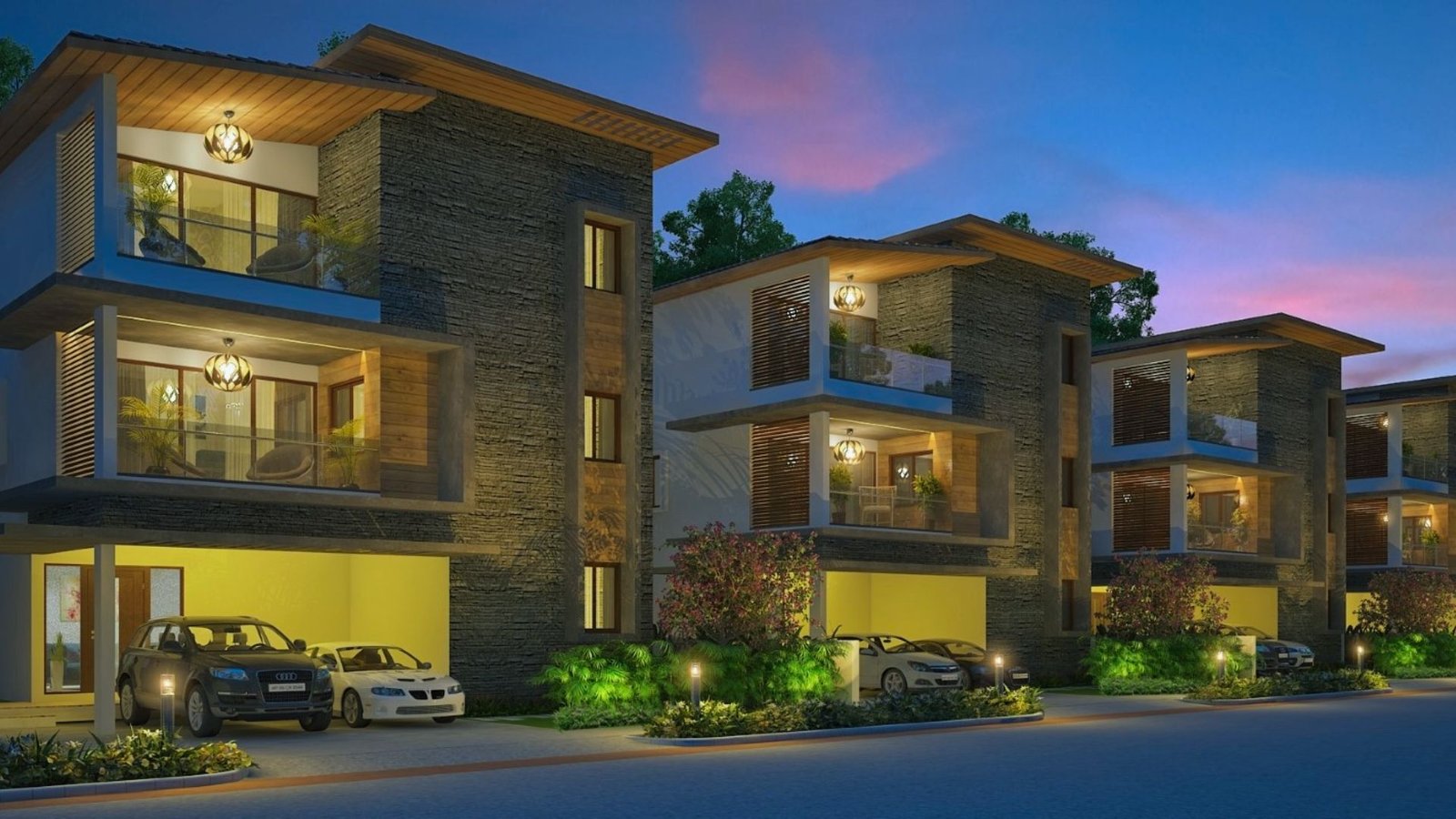 Modern residential building featuring landscaped grounds and a designated car parking area.