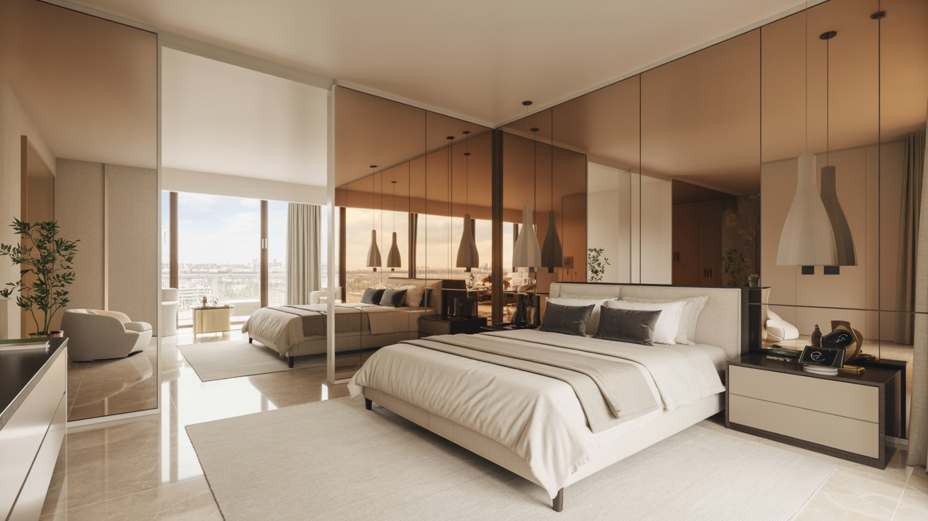 A modern bedroom featuring a large mirror reflecting the stylish decor and furnishings.