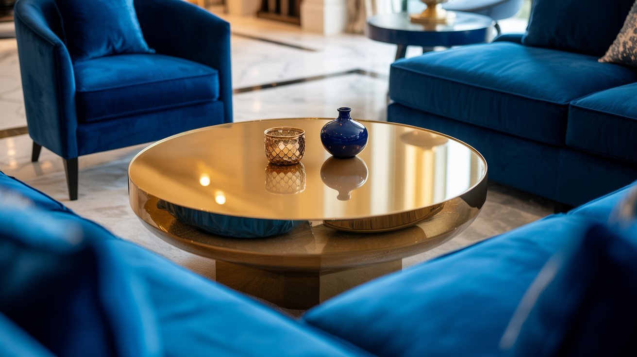 A blue couch and matching chair are arranged in a cozy living room setting.