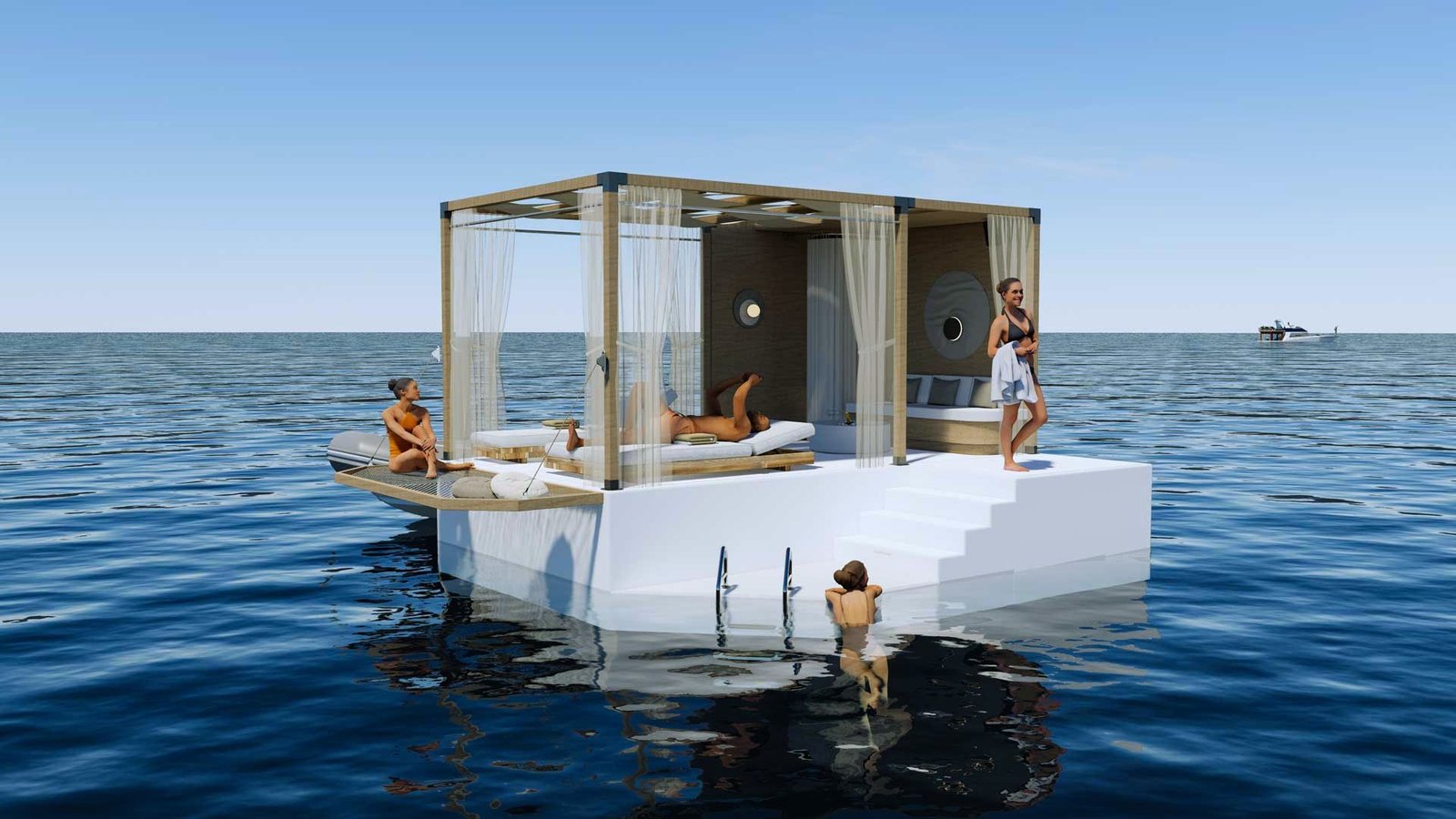 A floating bed with several people lounging comfortably on it, surrounded by water and a clear blue sky.