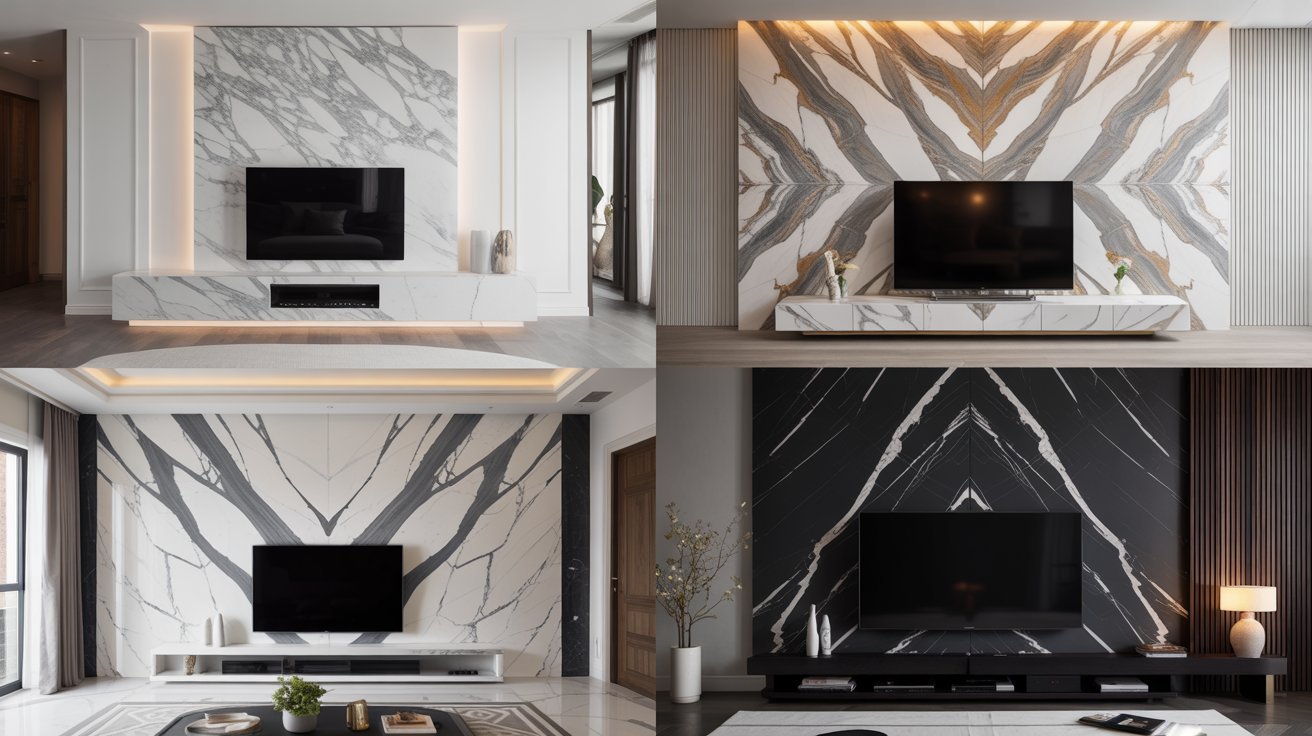  A collage of various marble wall designs showcasing different colors and patterns.