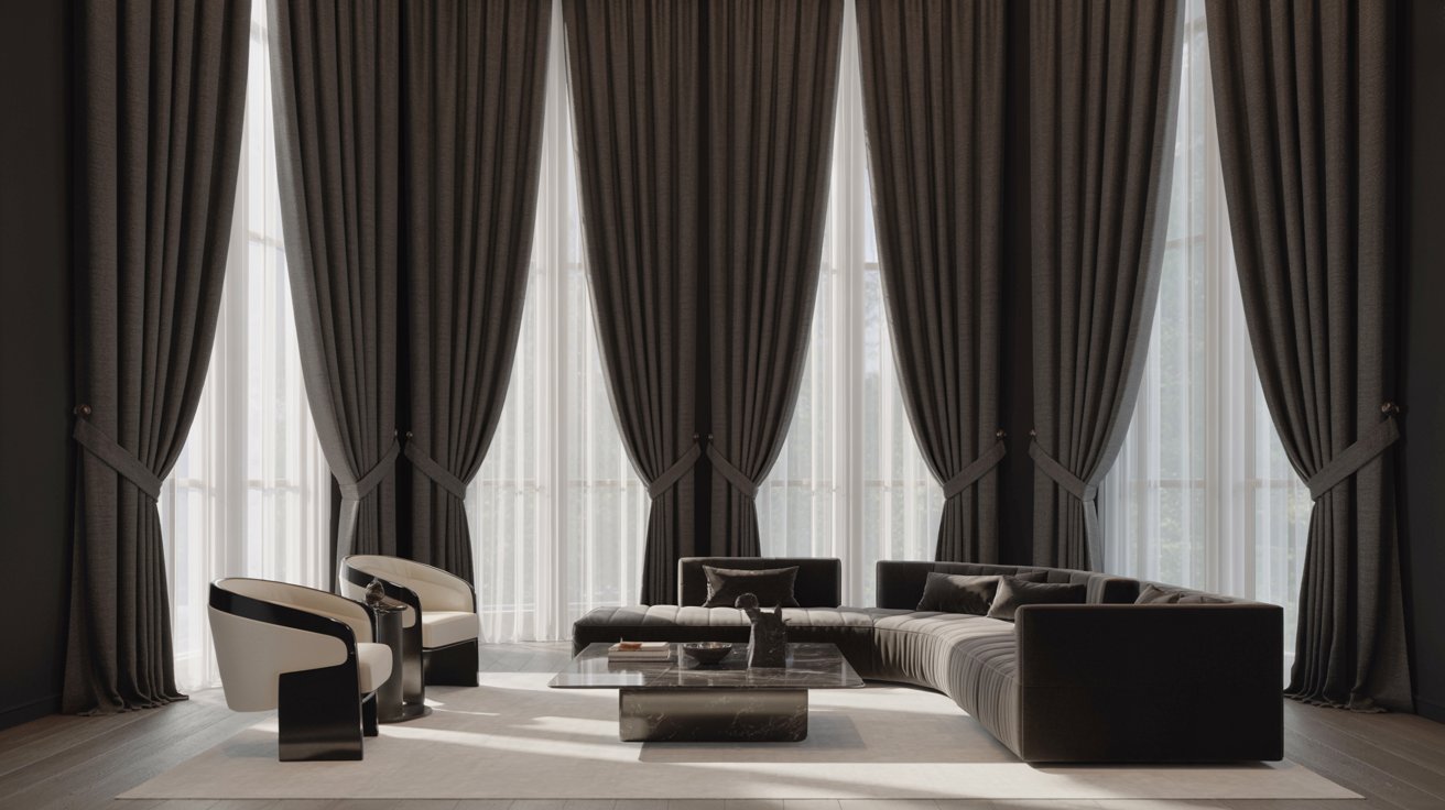 A cozy living room featuring black curtains and a comfortable sofa, creating a stylish and inviting atmosphere.