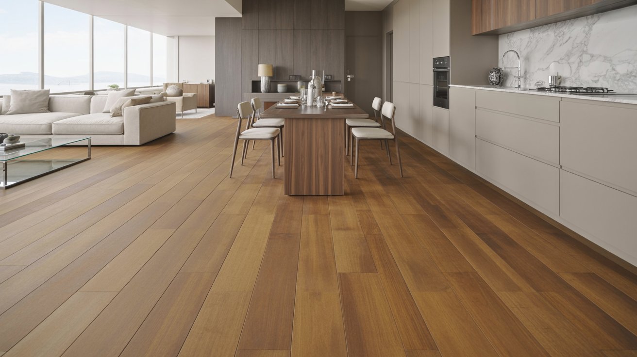 A modern living room featuring wooden floors and a large window that allows natural light to fill the space.