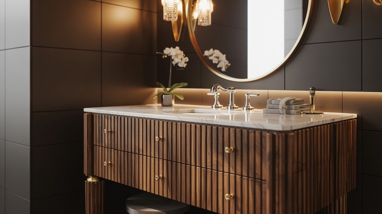 A bathroom featuring a stylish vanity with a large mirror above it, reflecting the modern decor and lighting.