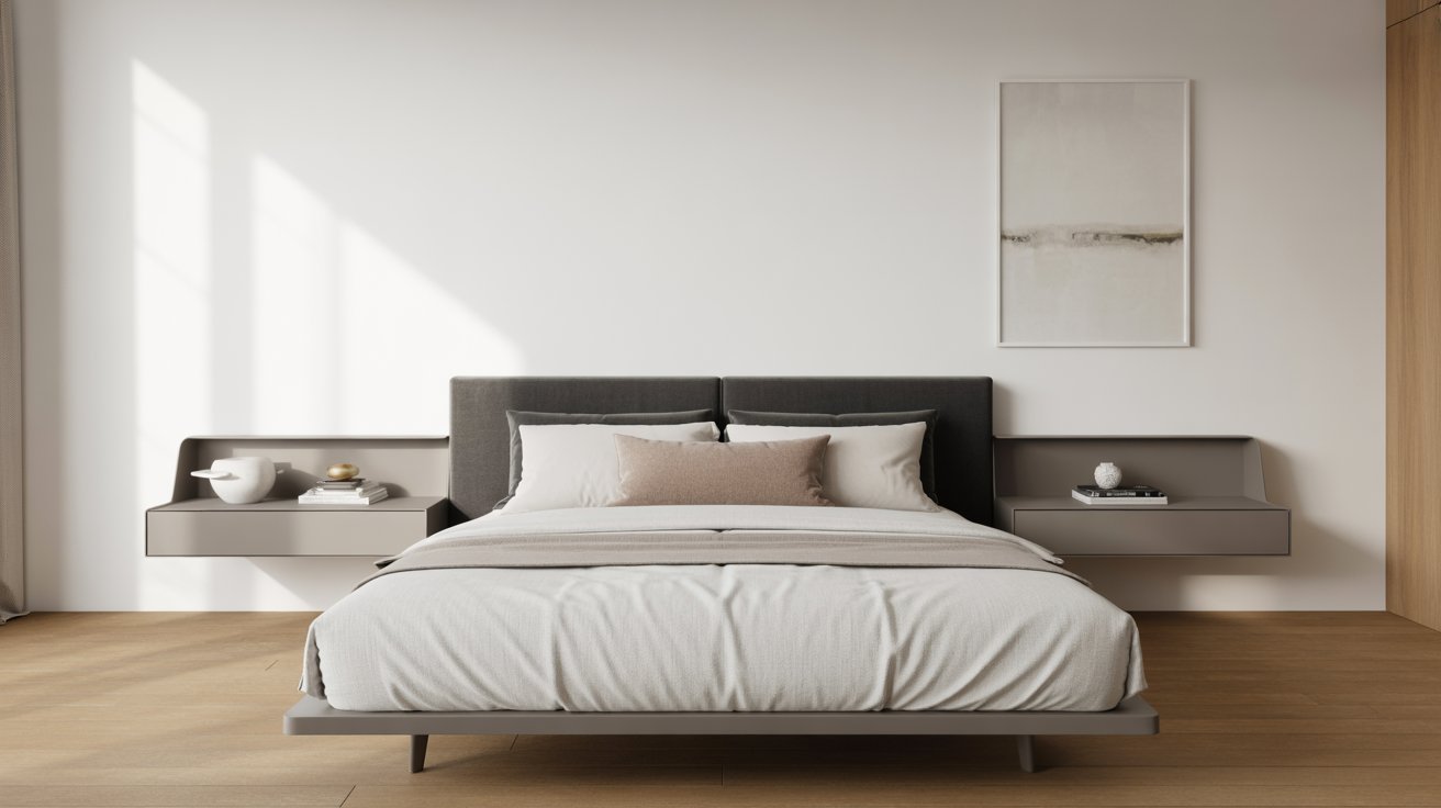 A stylish modern bedroom with a comfortable bed and a minimalist nightstand beside it.