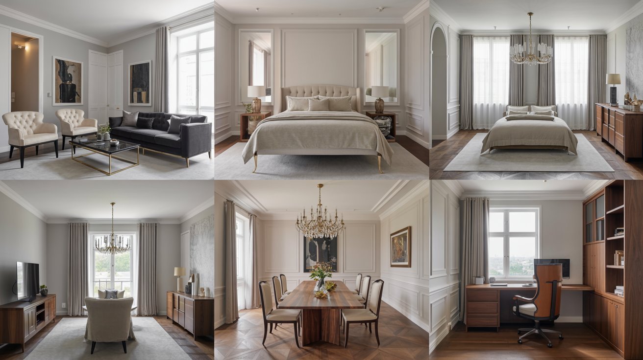 A collage showcasing various rooms in a house, including a living room, kitchen, and bedroom.