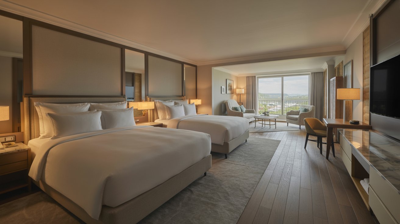 A hotel room featuring two beds and a flat-screen TV, designed for comfort and relaxation.