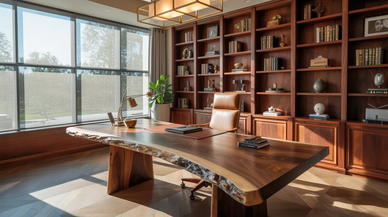 A home office featuring a desk and bookshelves filled with books, creating a cozy and organized workspace.