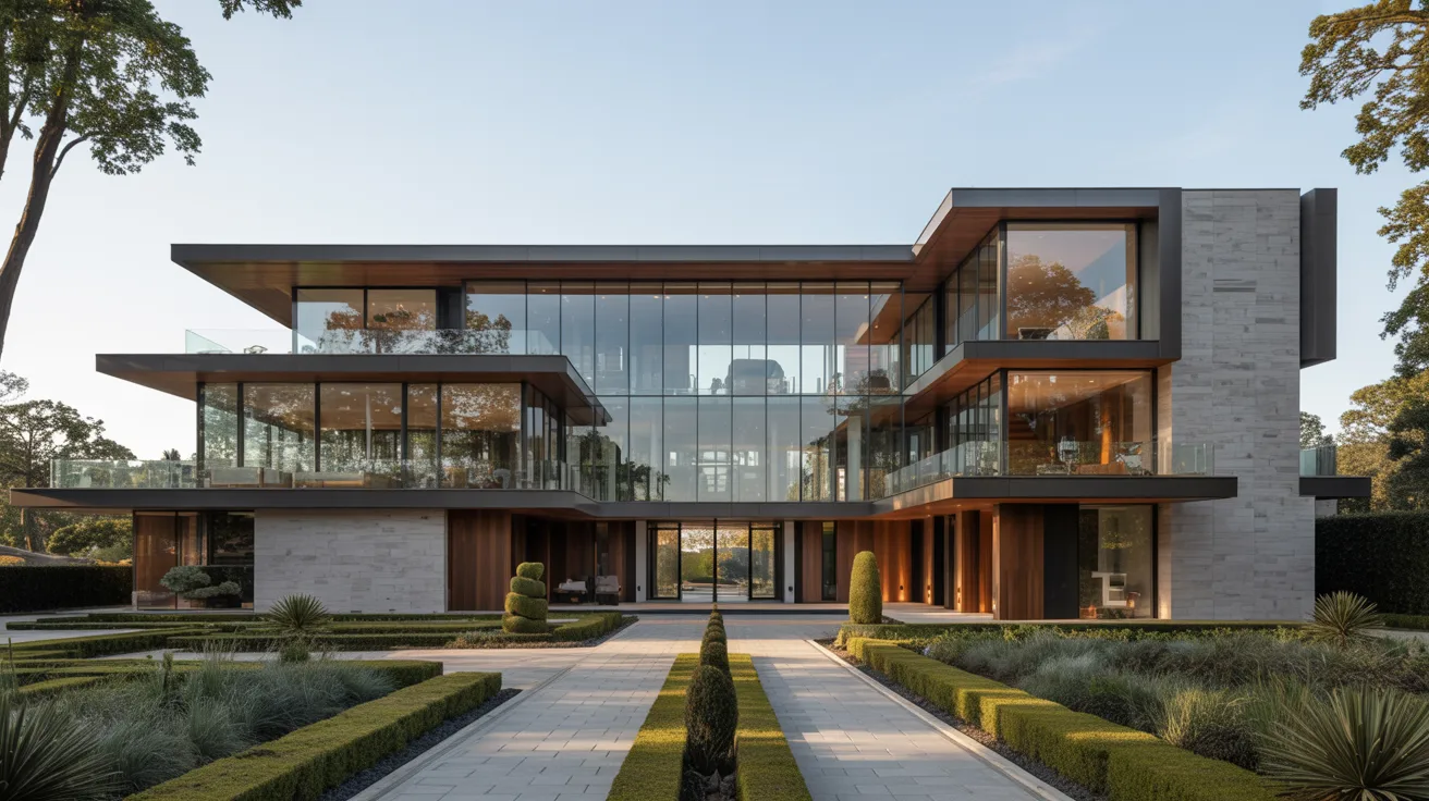 A modern home featuring a spacious garden and a well-defined walkway leading to the entrance.
