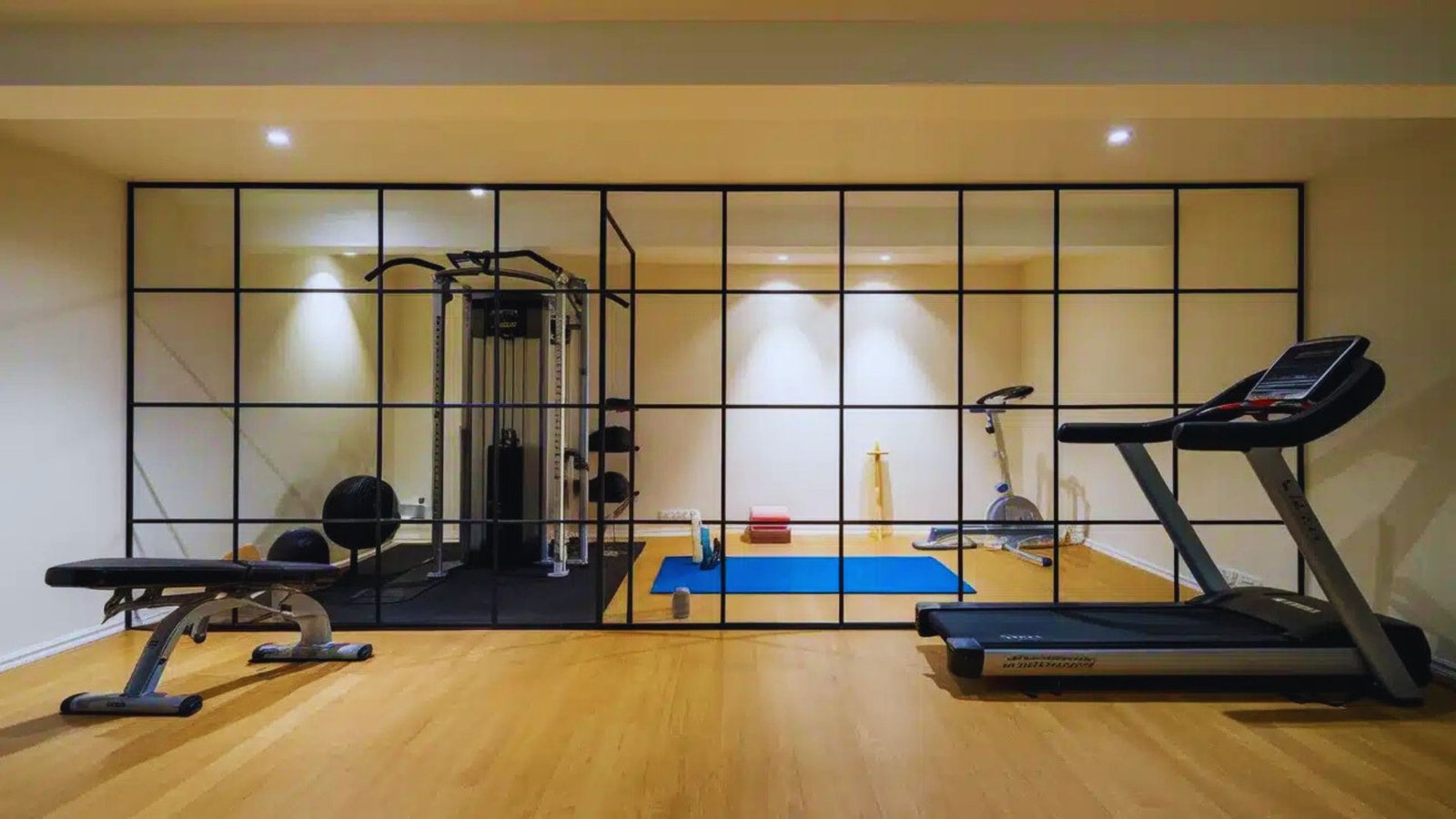  Interior of a gym with a mirror reflecting the space and an assortment of exercise equipment visible.
