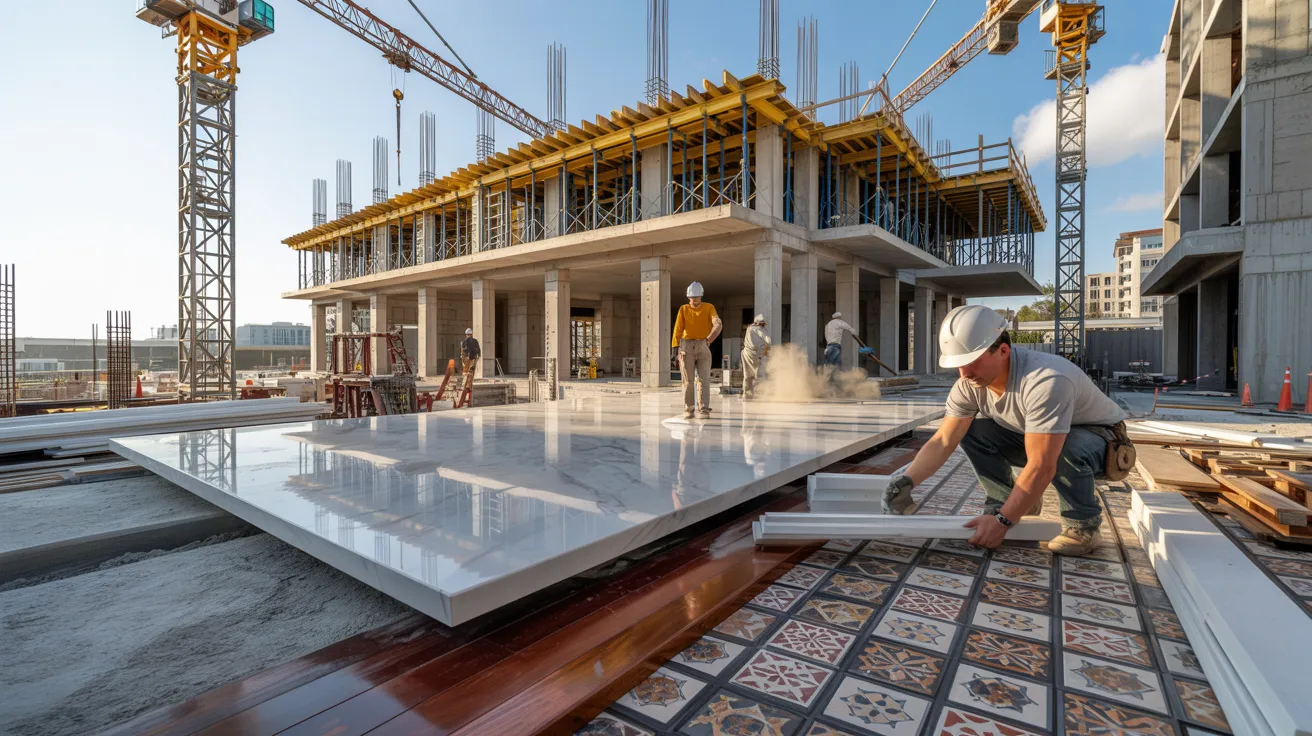 Construction workers collaborating on a building site, wearing safety gear and using tools to progress the project.