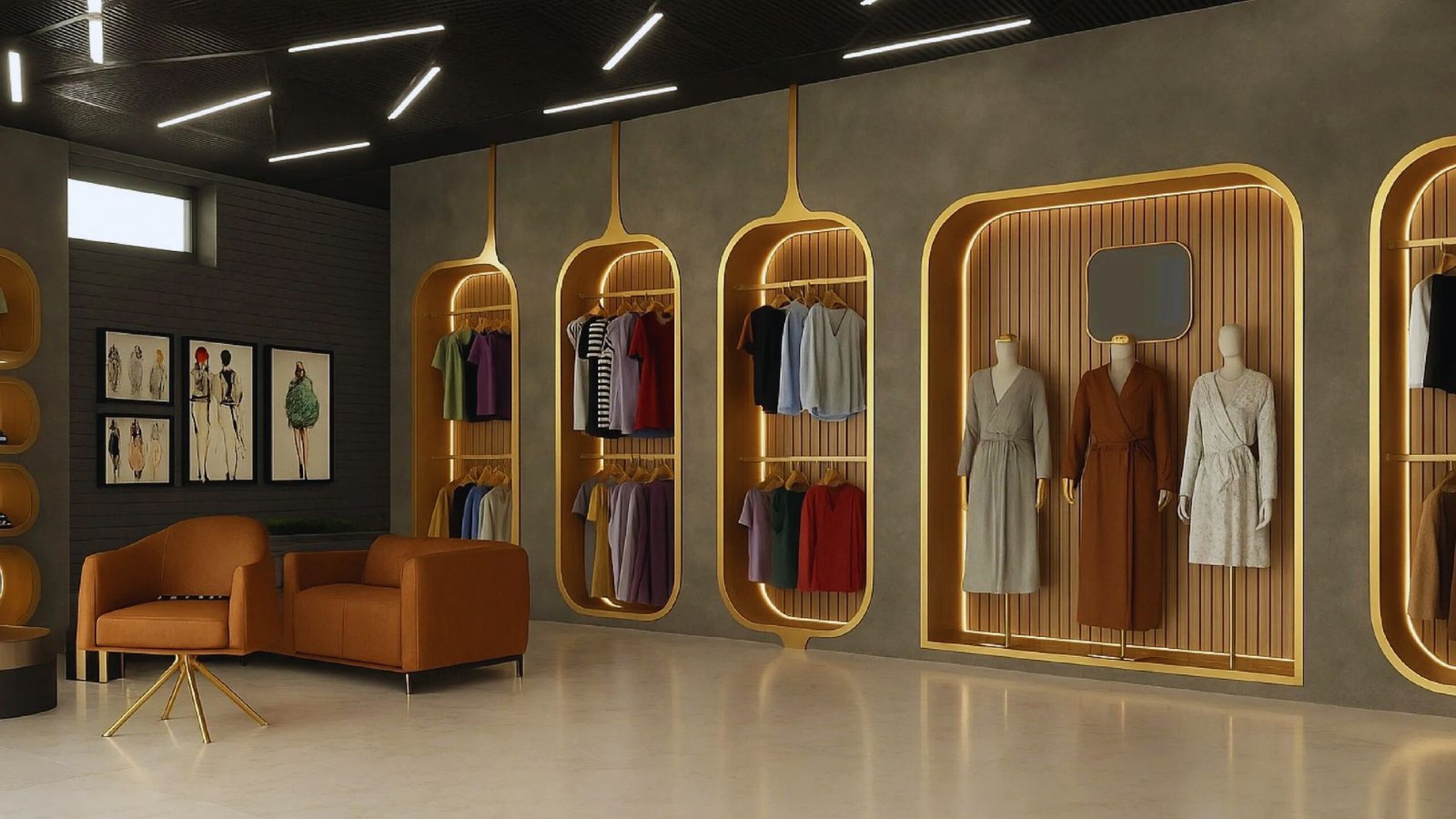 A modern clothing store interior showcasing a diverse selection of apparel on display racks.