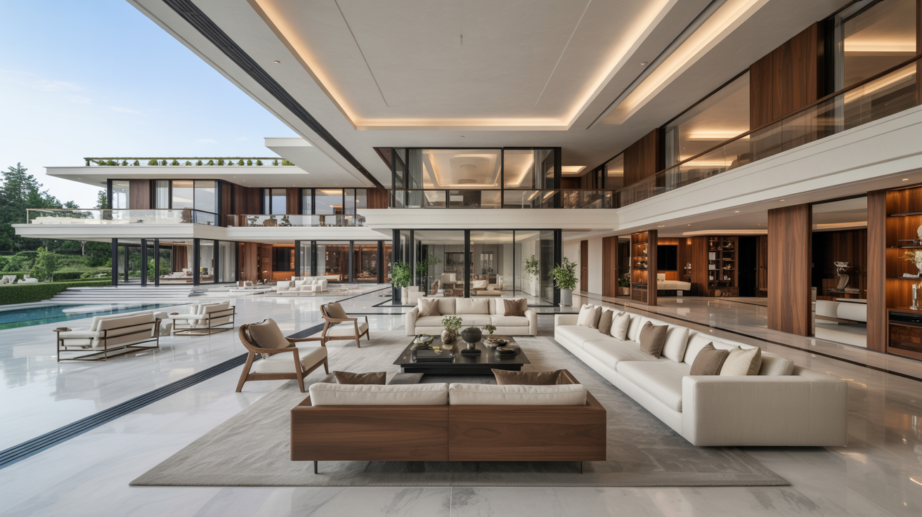 Elegant living room in a luxury home featuring plush furniture, modern decor, and large windows with natural light.