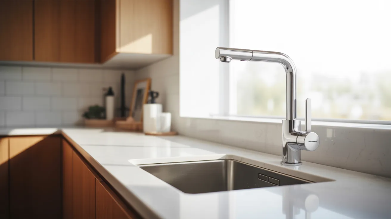 A kitchen sink with a modern faucet, situated below a window, enhancing the room's brightness and functionality.
