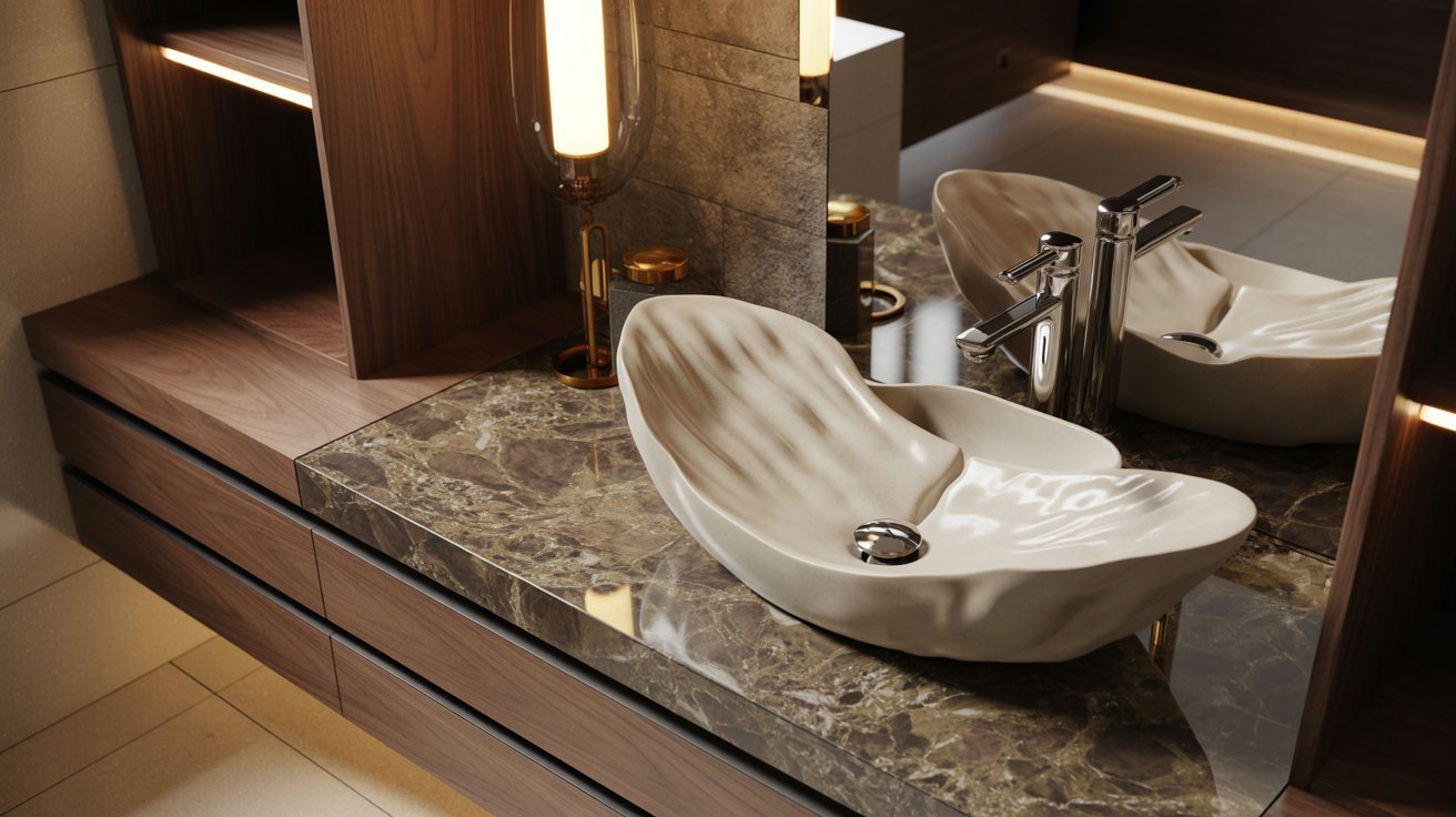  A clean bathroom featuring a sink and a mirror above it, reflecting the room's bright lighting.