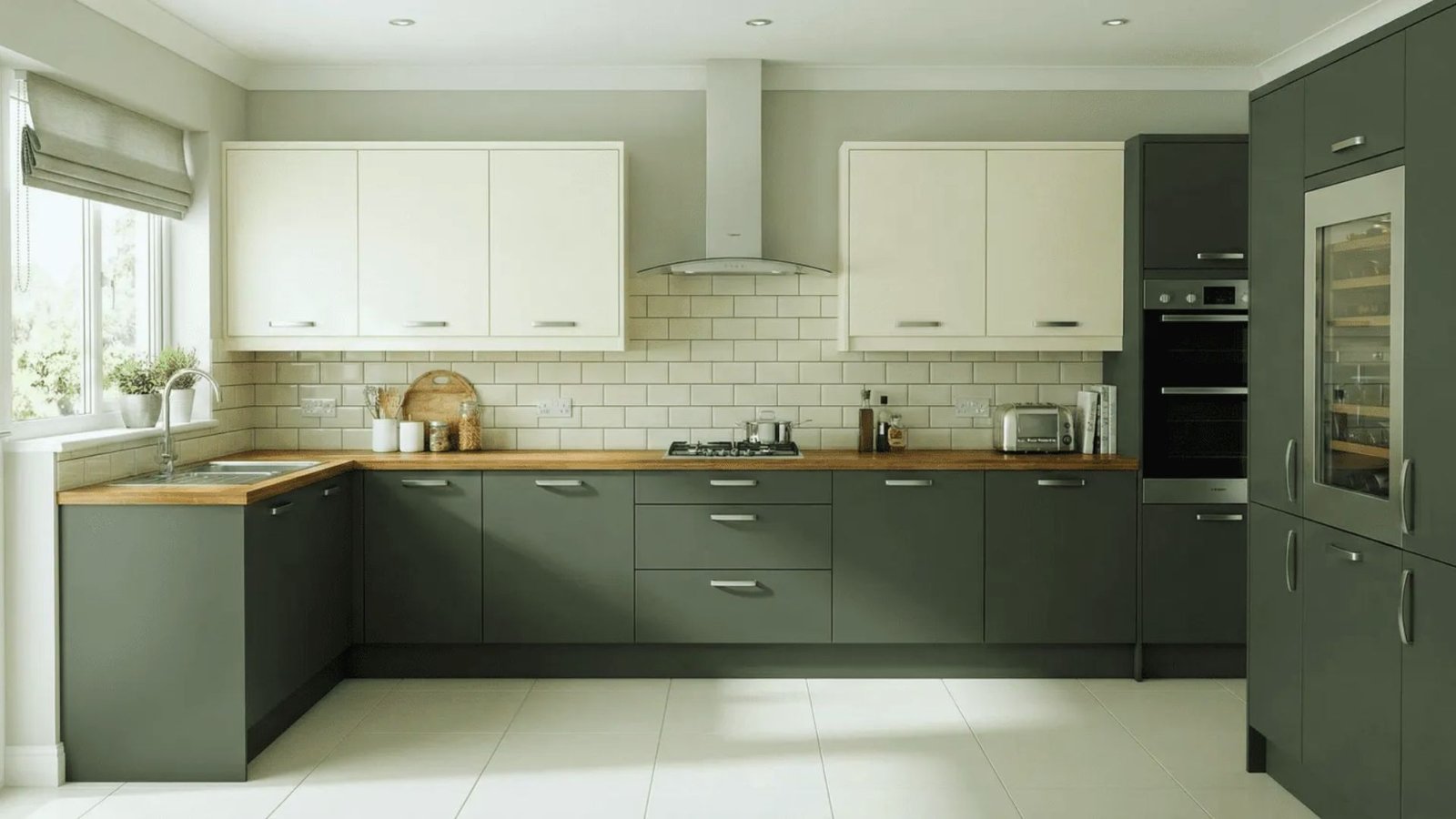 Contemporary kitchen design with grey cabinetry and bright white countertops.