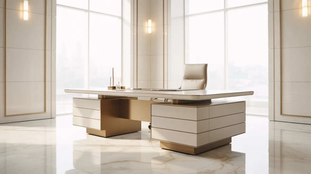A bright white office featuring elegant marble floors and a modern desk, creating a sophisticated workspace.