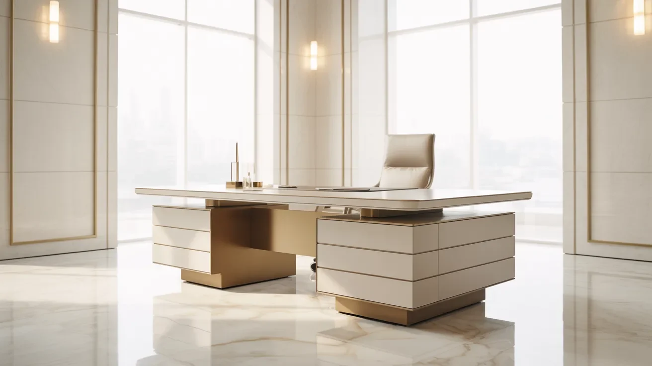 A bright white office featuring elegant marble floors and a modern desk, creating a sophisticated workspace.