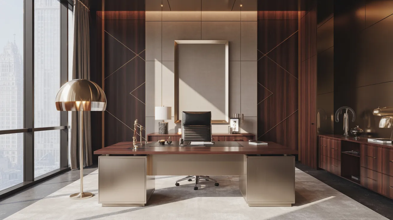 A modern office featuring a sleek desk and a stylish lamp, creating a professional workspace atmosphere.