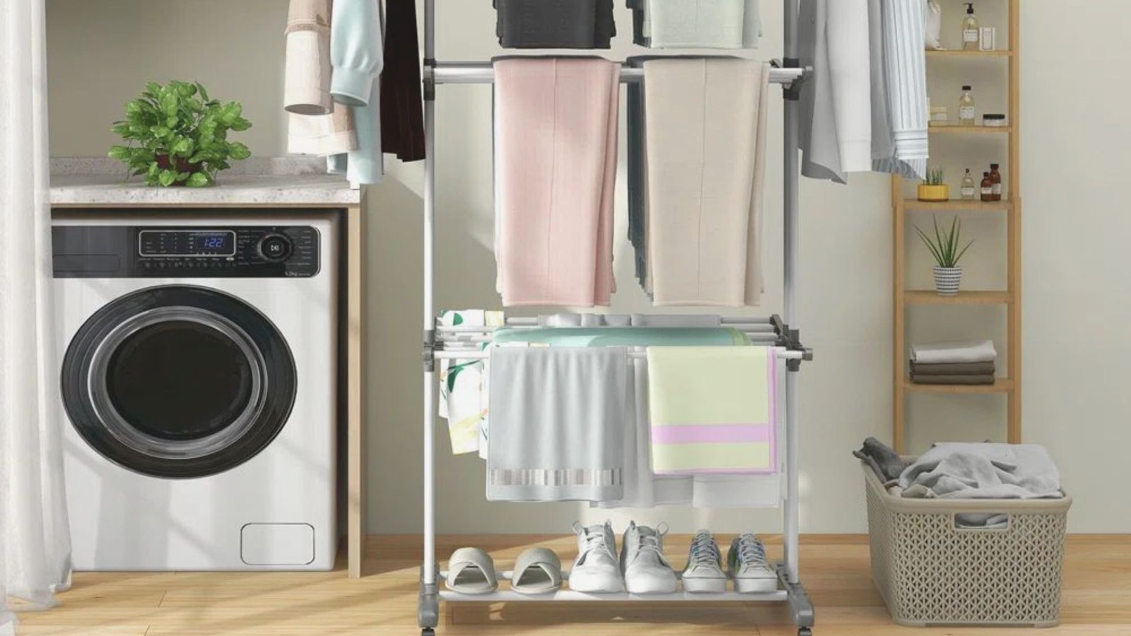 A laundry rack displaying various clothes hanging to dry indoors.