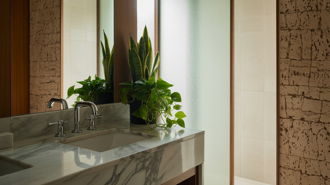 A modern bathroom featuring a marble countertop and a green plant for a touch of nature.A modern bathroom featuring a marble countertop and a green plant for a touch of nature.