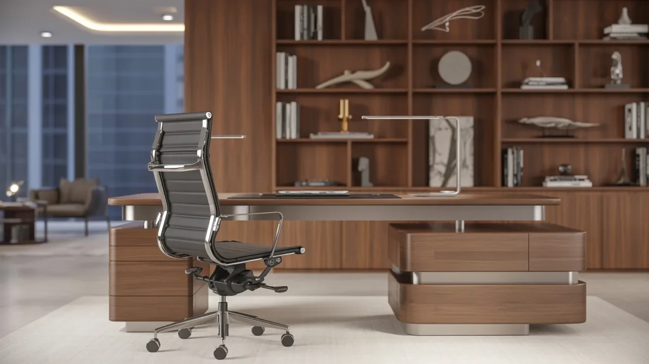 Modern office desk featuring wooden shelves and a sleek black chair, creating a stylish workspace environment.