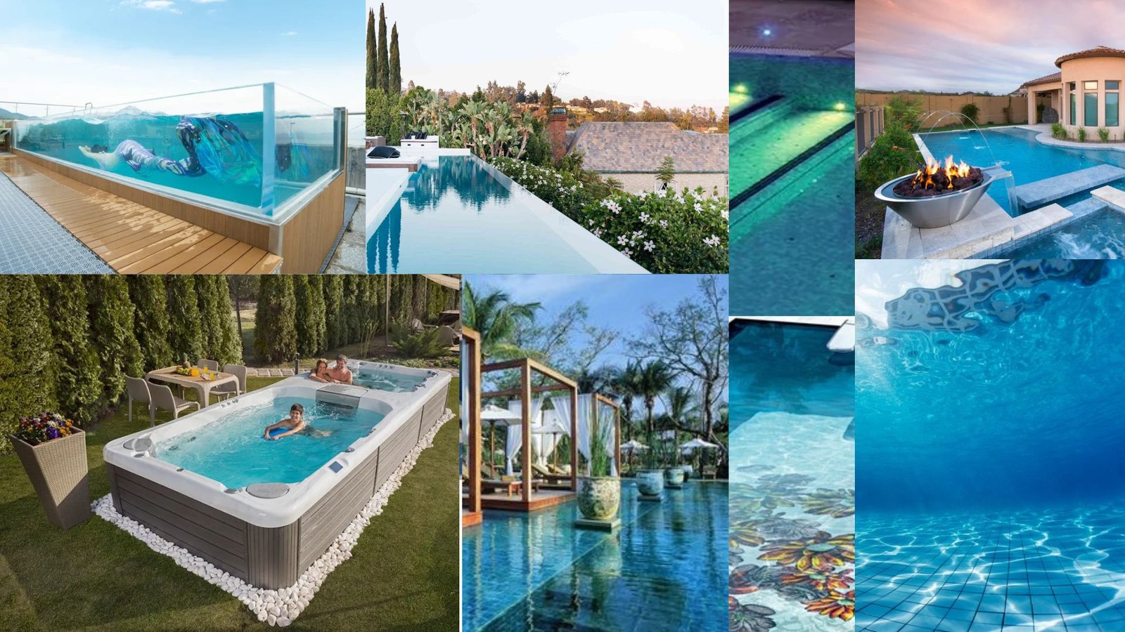 A collage featuring various swimming pools, showcasing different styles, shapes, and settings.