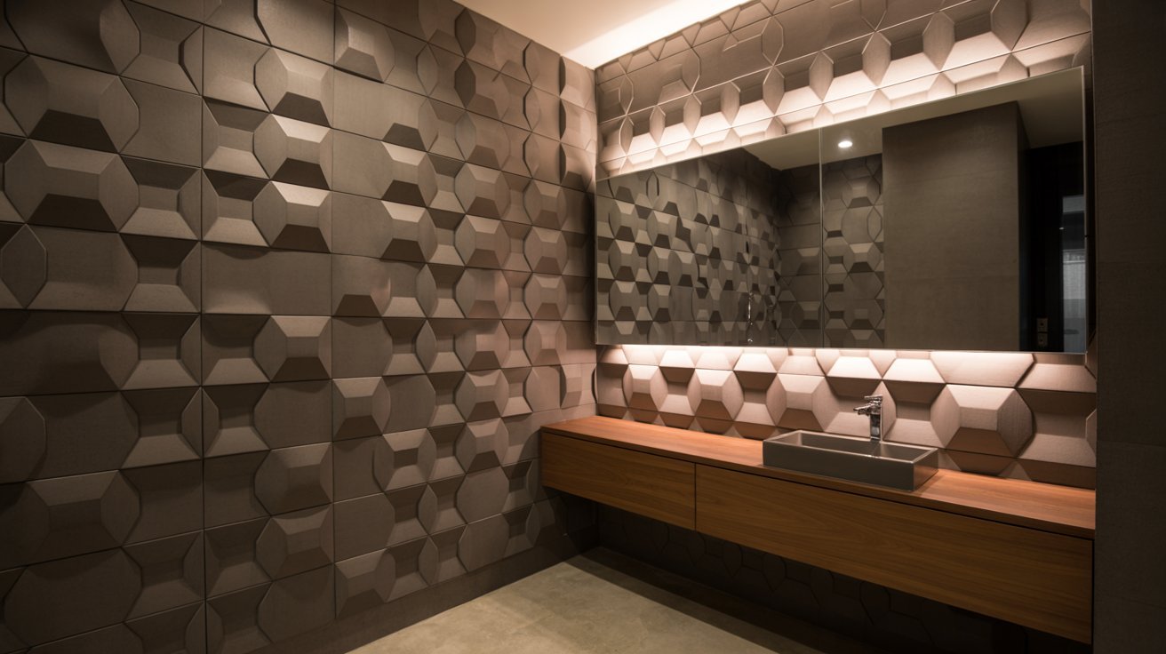 A spacious bathroom featuring a large mirror and a tiled wall, showcasing a modern and clean design.