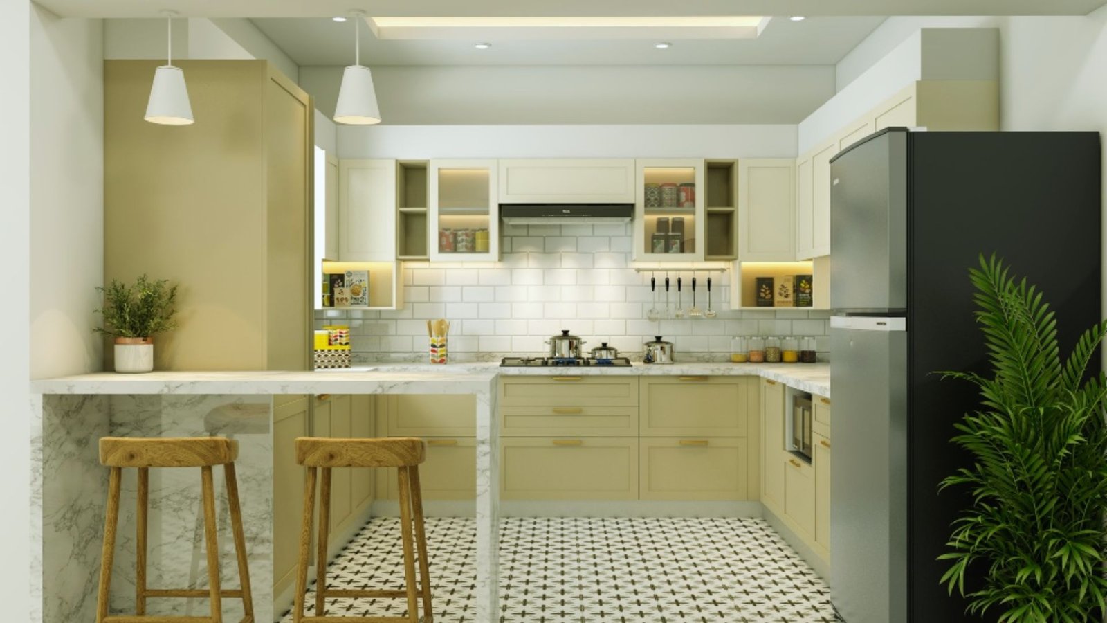 . A modern kitchen featuring a white countertop and a sleek black refrigerator.