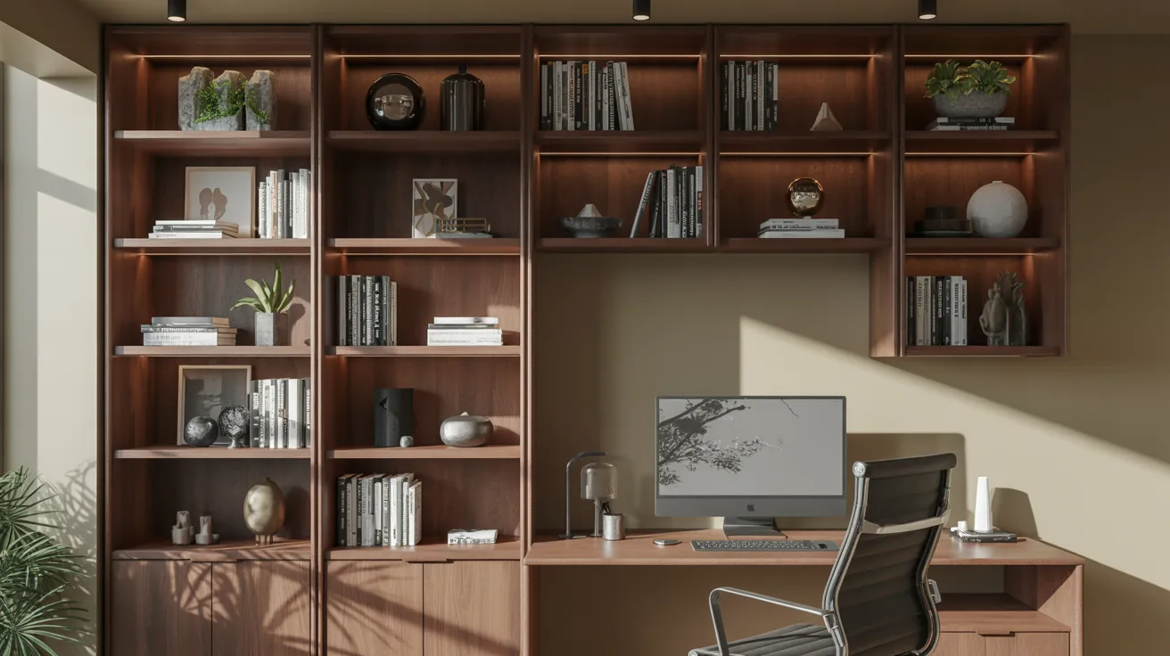Modern home office featuring wooden shelves and a sleek desk, designed for productivity and comfort.
