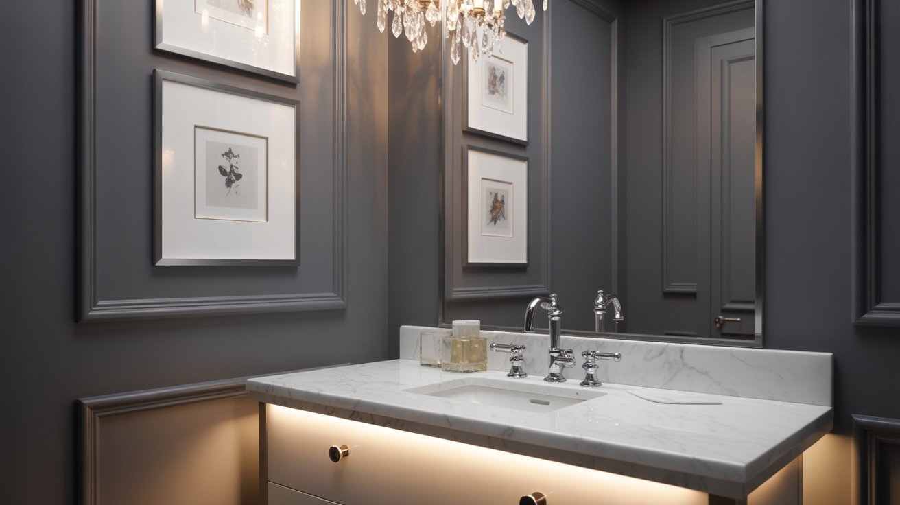 A stylish bathroom featuring a chandelier and several framed pictures on the walls, creating an elegant atmosphere.