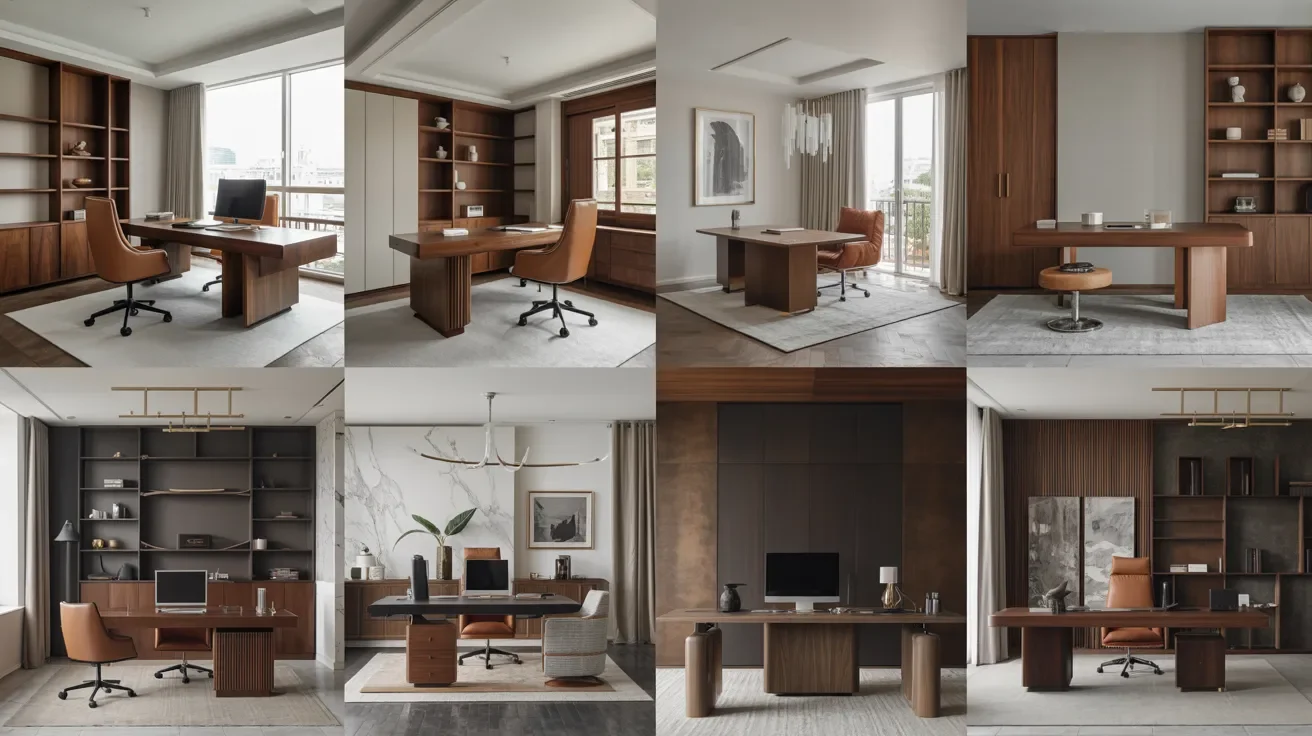 A collage of various office furniture pieces, including desks, chairs, and storage units in different styles and colors.