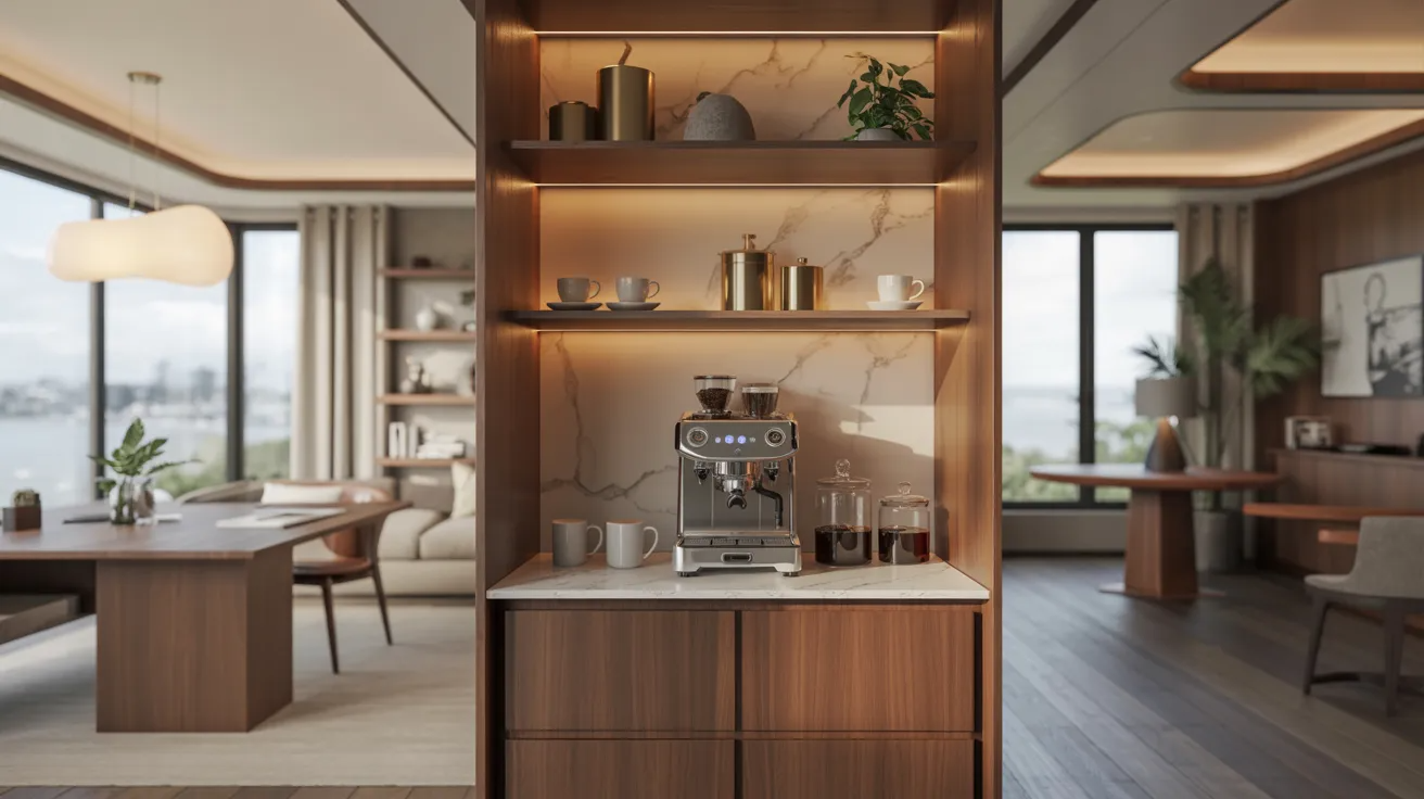 A modern kitchen featuring a sleek coffee maker and a stylish coffee table, showcasing contemporary design elements.