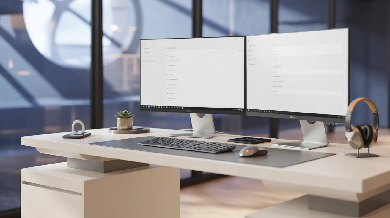 Two computer monitors are set on a desk, positioned in front of a large window with natural light streaming in.
